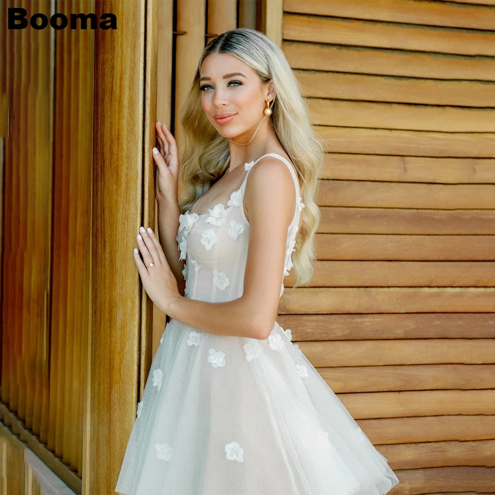 

Booma A-Line Short Wedding Dresses 3D Flowers Sleeveless Tulle Brides Party Gowns for Women Cocktail Gowns vestidos novias boda