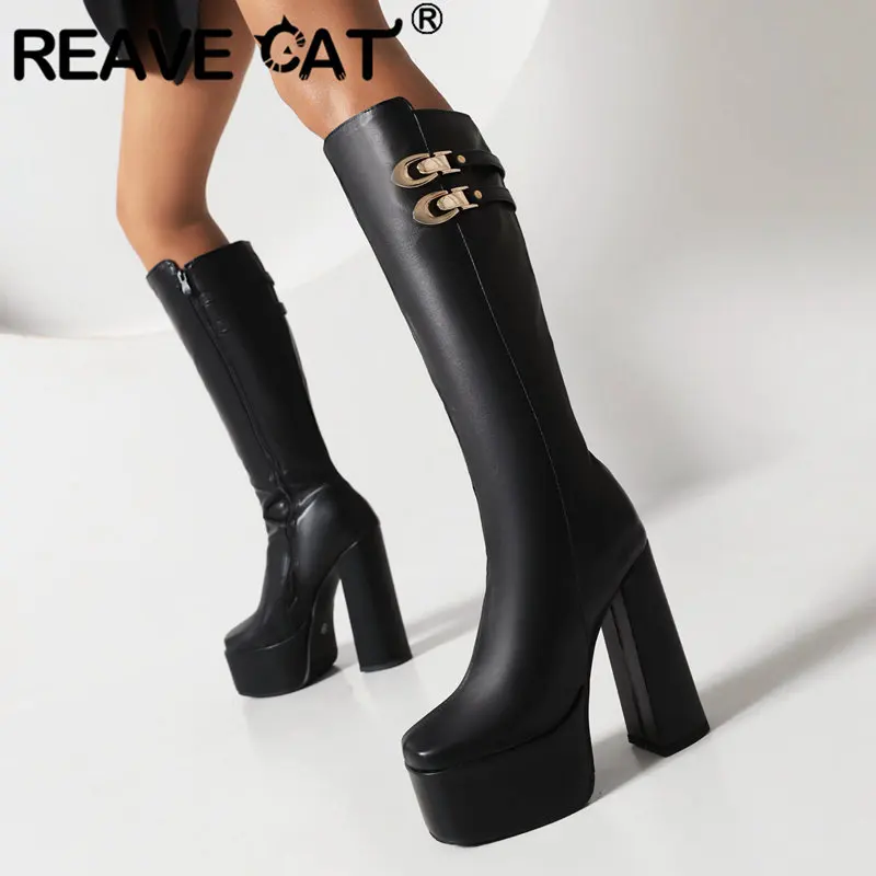 

REAVE CAT Female Knee Boots Square Toe Block Heels 14cm Platform Hill 5cm Zipper Metal Decoration Sexy Party Bota Big Size 42 43