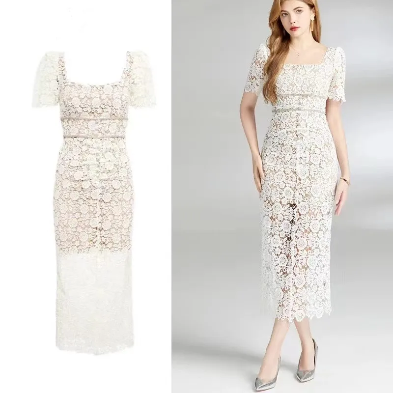 

High Quality Summer Water Soluble Flower Hollow Out Lace Long Dress Elegant Women Square Collar Diamonds Bodycon Party Vestidos