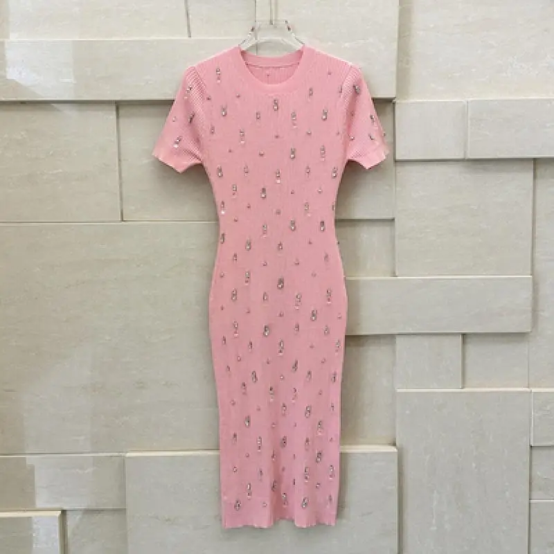 Sweet Pink Full Rhinestone Luxury Pink Knit Short Sleeve Slim Bodycon Elegant Dress Package Hip Women Midi Robe 2023 Summer New
Sweet Pink Full Rhinestone Luxury Pink Knit Short Sleeve Slim Bodycon Elegant Dress Package Hip Women Midi Robe 2023 Summer New