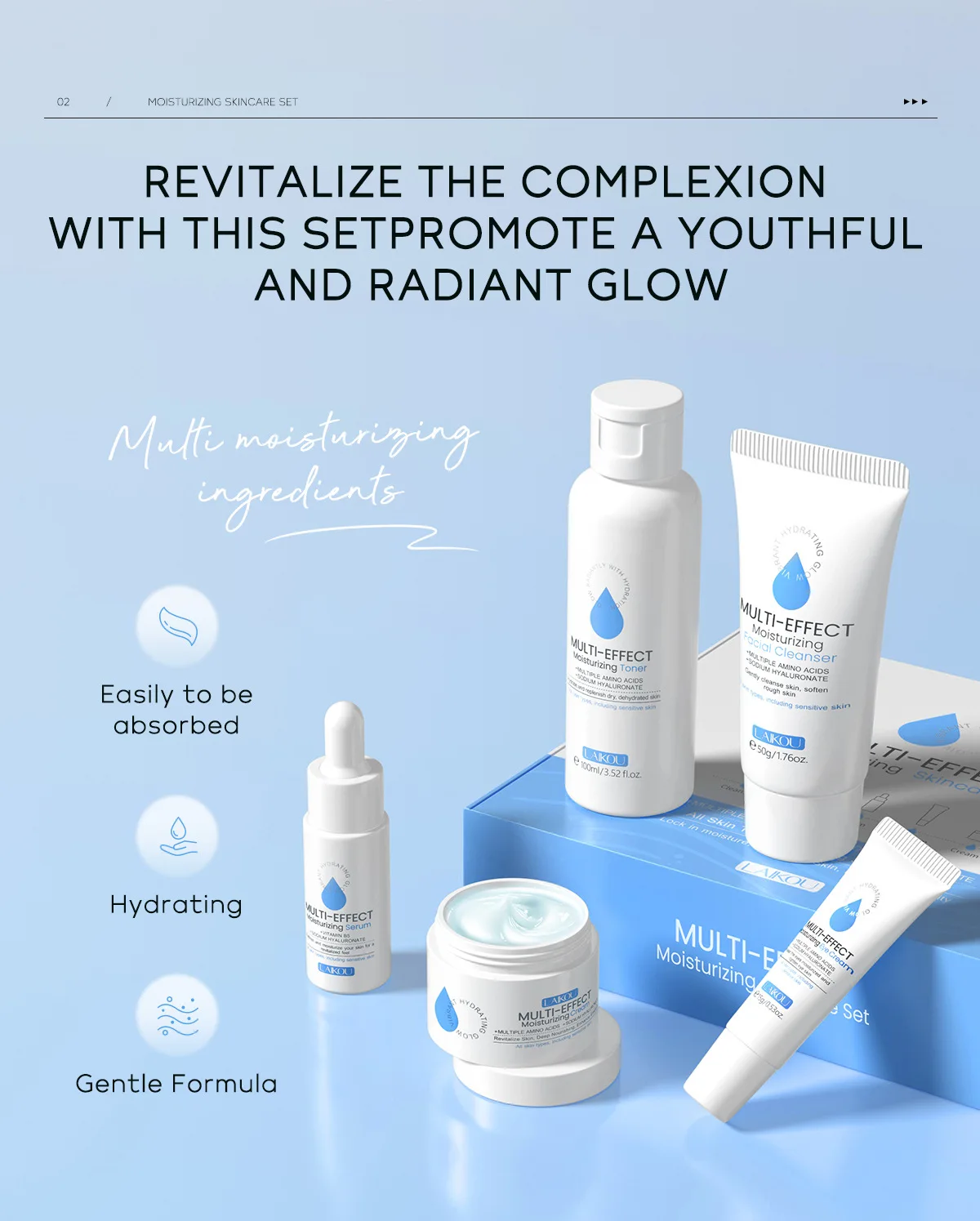 5pcs Multi-Effect Moisturizing Skincare Sets Amino Acids Cleanser Hyaluronic Acid Toner Serum Eye Cream Improve Dry Skin Cream 27 S67f1765d33924f779eca5660a3650f11w