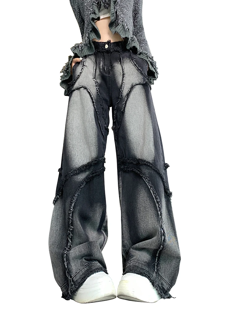 

Повседневные рваные темно-серые джинсы Y2K в стиле ретро, мешковатые женские брюки с высокой талией и широкими штанинами, брюки-карго из денима с эффектом потертости в стиле Харадзюку, мода 2024