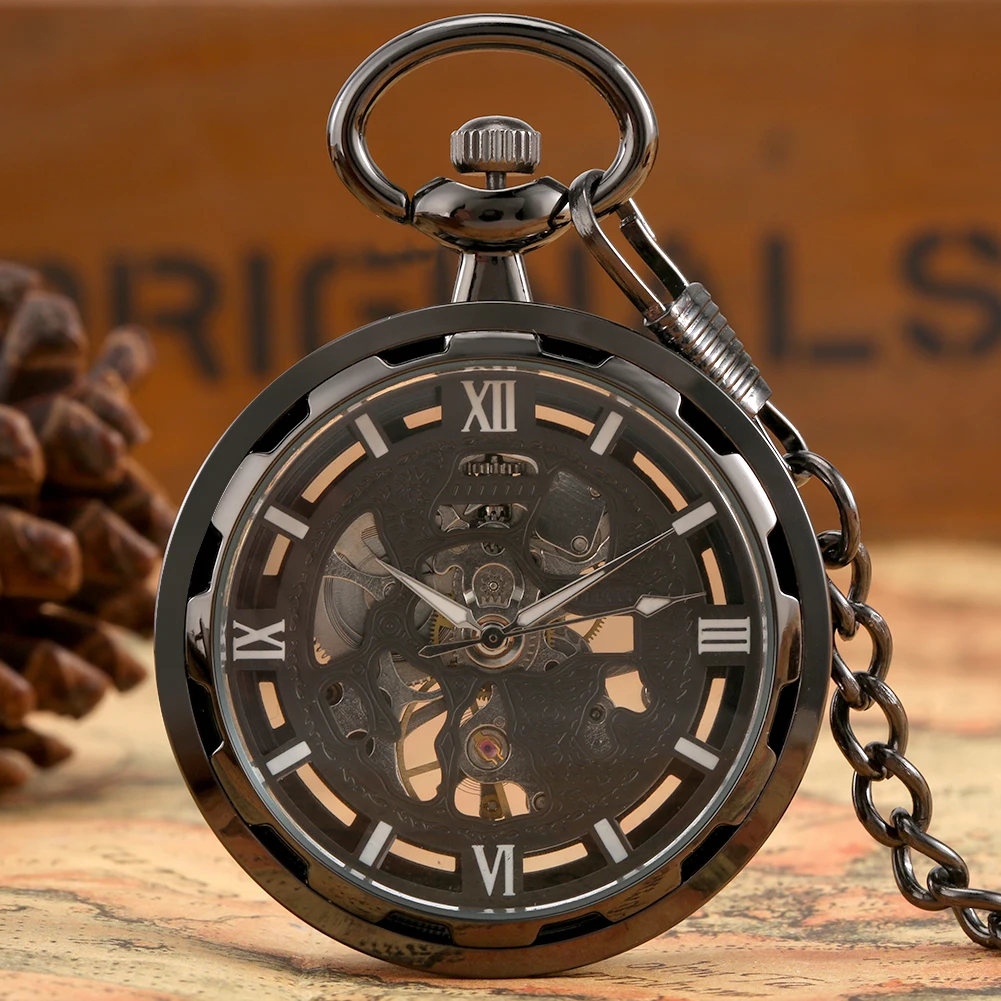 

Black Caseless Mechanical Pocket Watch Openwork Simple Roman Numerals Pendent Clocks Hand Winding Pocket Watches Thick Chain