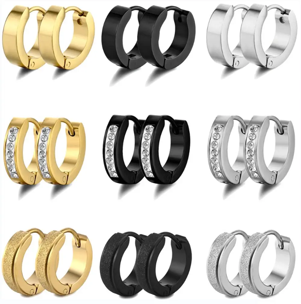 

9 Pairs Stainless Steel Small Hoop Earrings for Unisex Men Women CZ Inlaid Huggie Earrings Piercing Jewelry Set