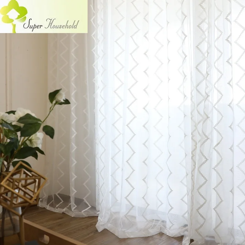 

New Designed White Stripes Window Treatments Tulle Curtains for Living Room Yarn Embroidery Sheer Curtain Bedroom Screens