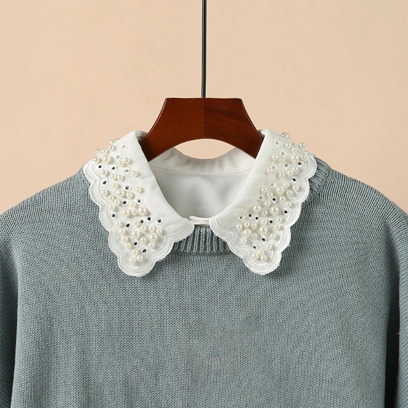 

Imitation Pearl Beaded Fake Collar for Women Detachable White Dickey Blouse Hollow Out Embroidery Scalloped Half Shirt