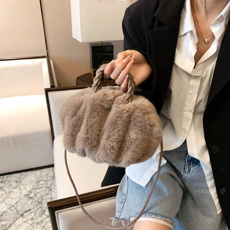 

Bags For Women 2022 New Rabbit Hair Plush Bag Cloud Bag Pleated Dumpling Bag Handheld Temperament Plush Shoulder Bag Pumpkin Bag