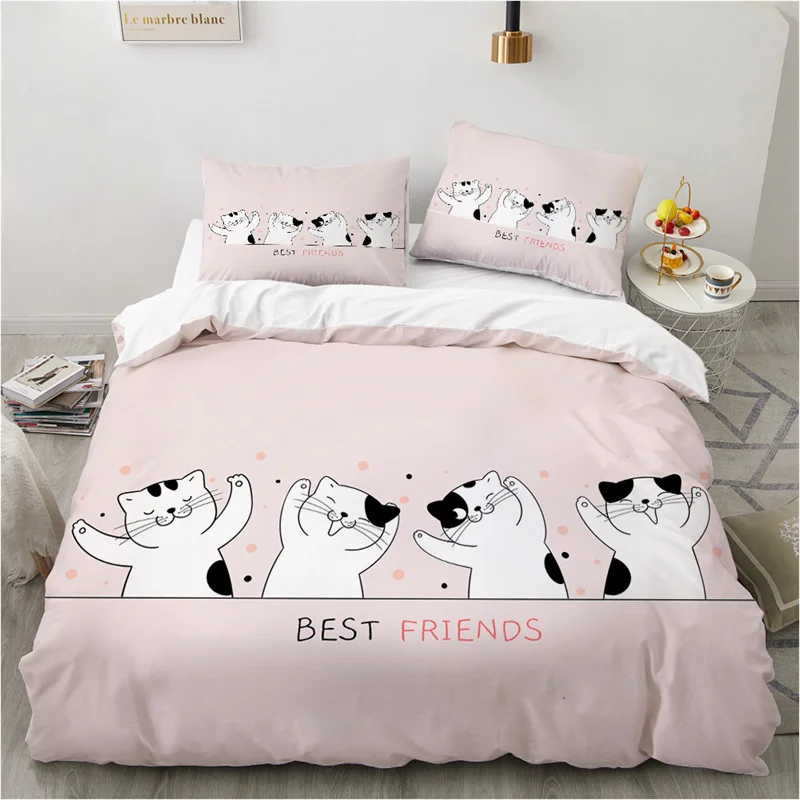 

Cute Cartoon Animals Pink Toddler Bedding Set 3D Funny Cat Print Duvet Cover Twin Queen Size For Teens Kids Girls Bedroom Decor