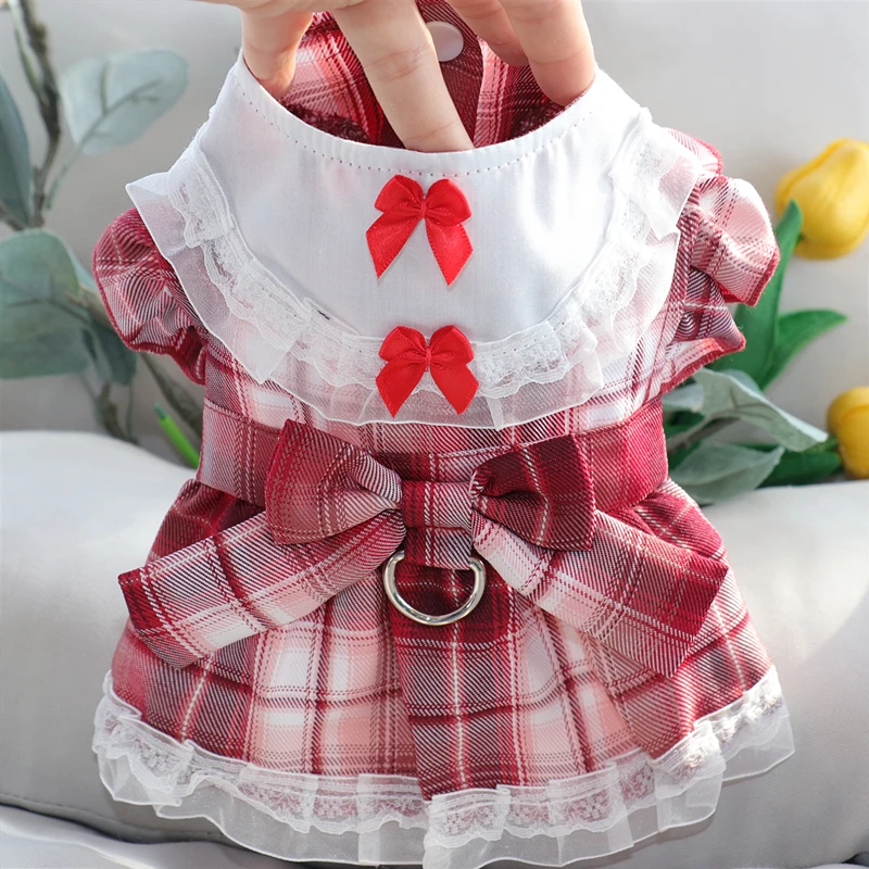 

Red Plaid Puppy Dress Summer Traction Dog Clothes Yorkshire Cute Princess Skirt Teddy Breathable Pullover