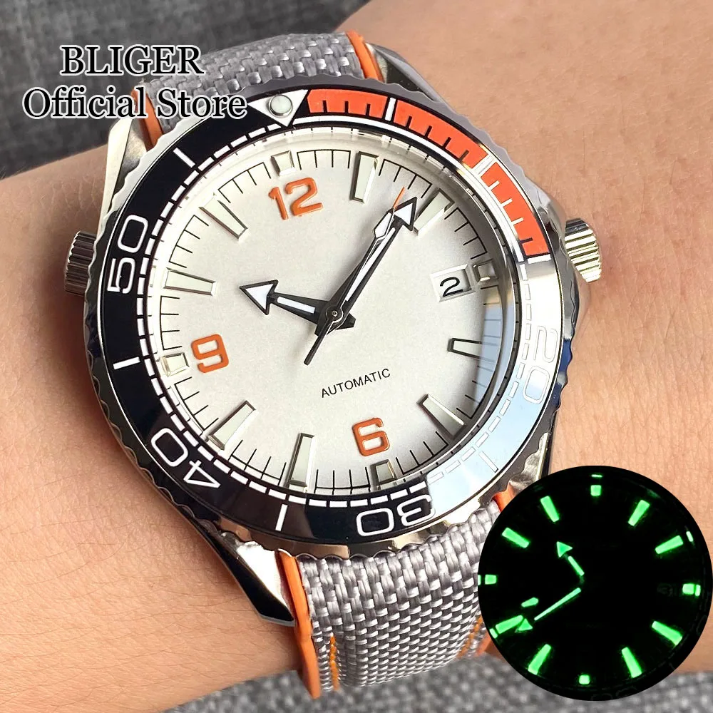 

BLIGER 41mm NH35A Miyota 8215 Automatic Watch Men Sapphire Crystal Luminous Orange Rubber Strap White Dial Ceramic Bezel