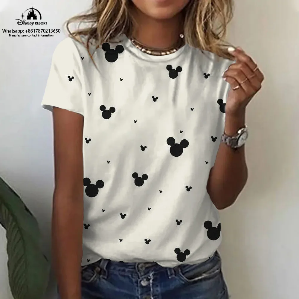 

Fashionable and Casual New Mickey Minnie Women's Round Neck T-Shirt 2023 Summer Cartoon Print Street Harajuku Top 2K