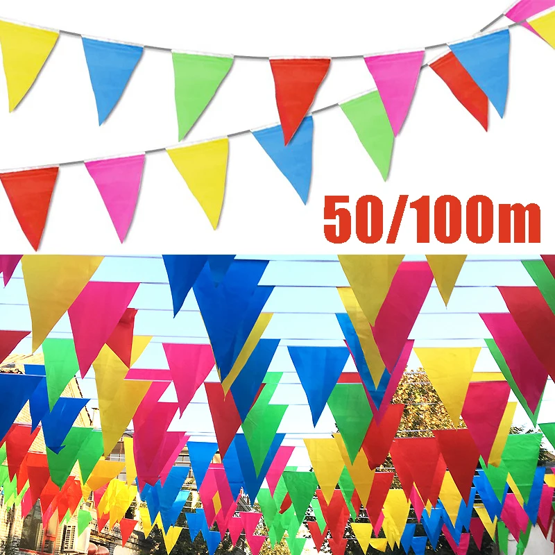 

50/100M Multicolored Triangle Flags Bunting Party Banner Pennant Festival Outdoor For Home Garden Wedding Shop Street Decoration
