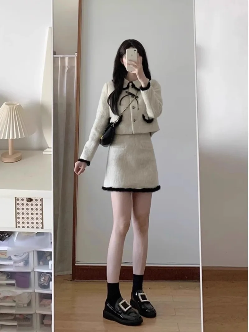 

Korean Fashion Doll Neck Coat A-line Skirt Two Piece Set Women Bow Splice Single Breasted Bright Line Celebrity Slim Spring Suit