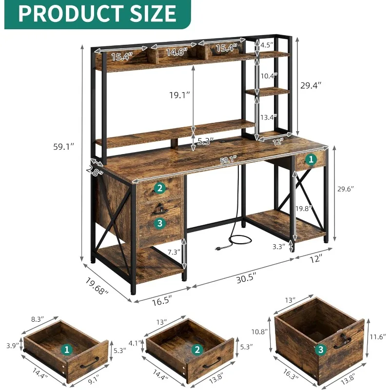 Computer Desk with Drawers & Hutch, 59.1" Office Desk with LED Lights & Power Outlets, Gaming Desk with Monitor Stand &
Computer Desk with Drawers & Hutch, 59.1" Office Desk with LED Lights & Power Outlets, Gaming Desk with Monitor Stand &