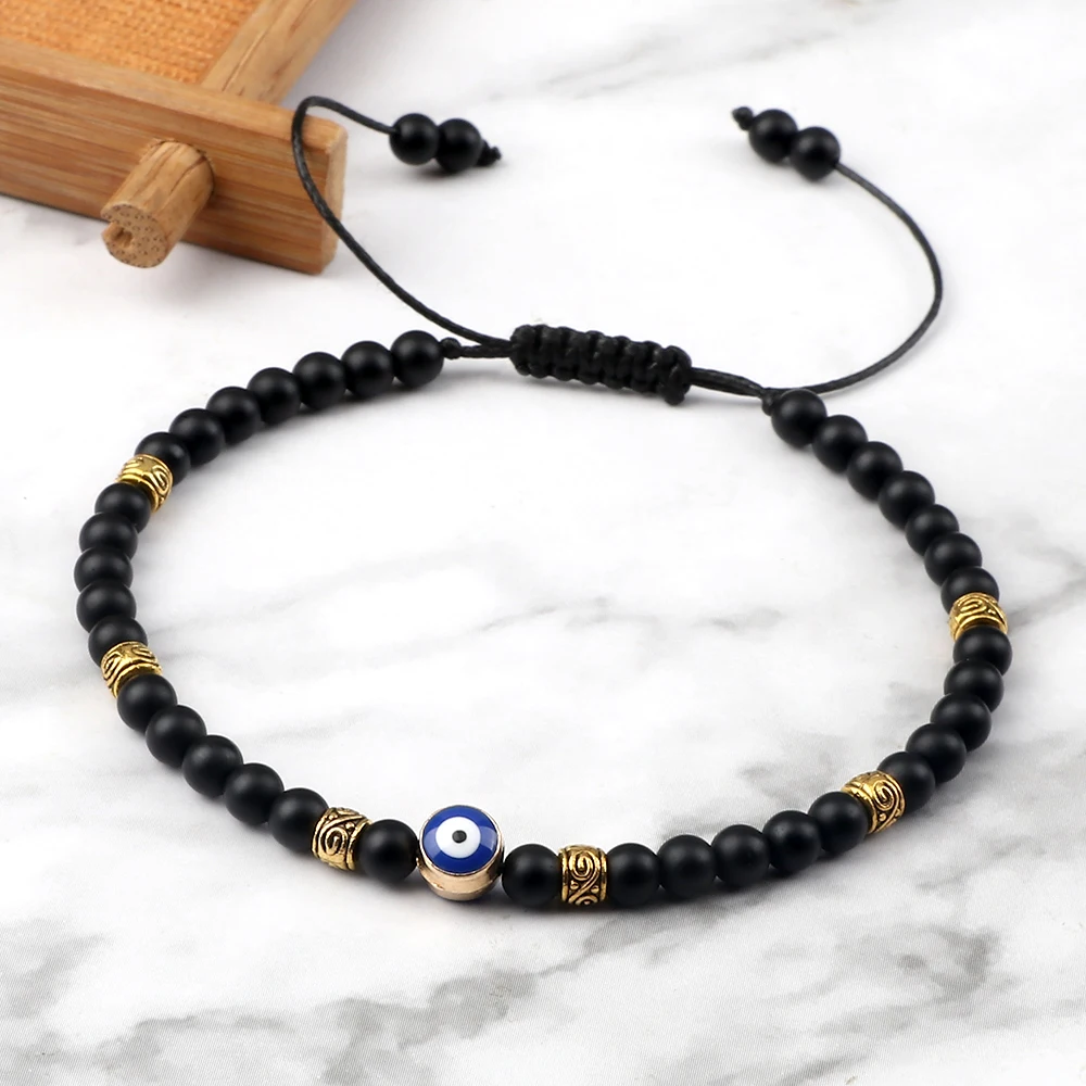 

4mm Bead Braided Bracelets Turkish Evil Eye Tiger Eye Black Lava Adjustable Handmade Yoga For Men Women Friendship Jewelry Gifts