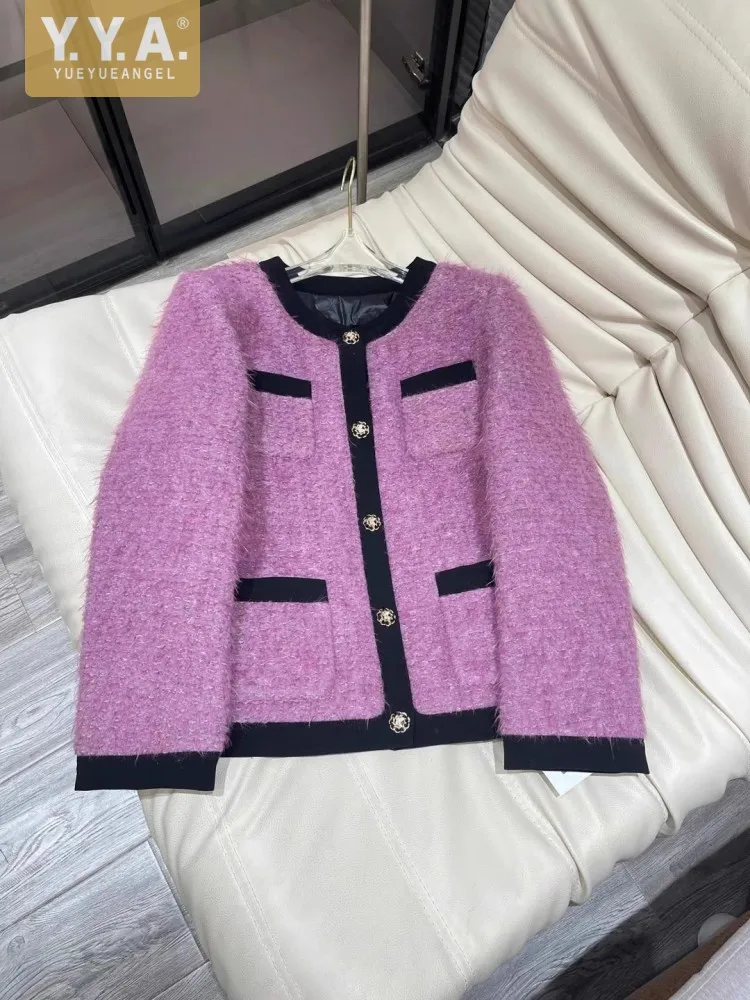 

Elegant Woolen Blend Women Down Coat O-Neck New Winter Fashion Straight Single Breasted Outerwear Designer Office Ladies Coats