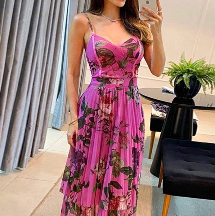 

Women's Countryside Style Dress 2024 Spring/summer Sling Style U-Shaped Collar Fashion Plant Print Sexy High Waist A-Line Skirt