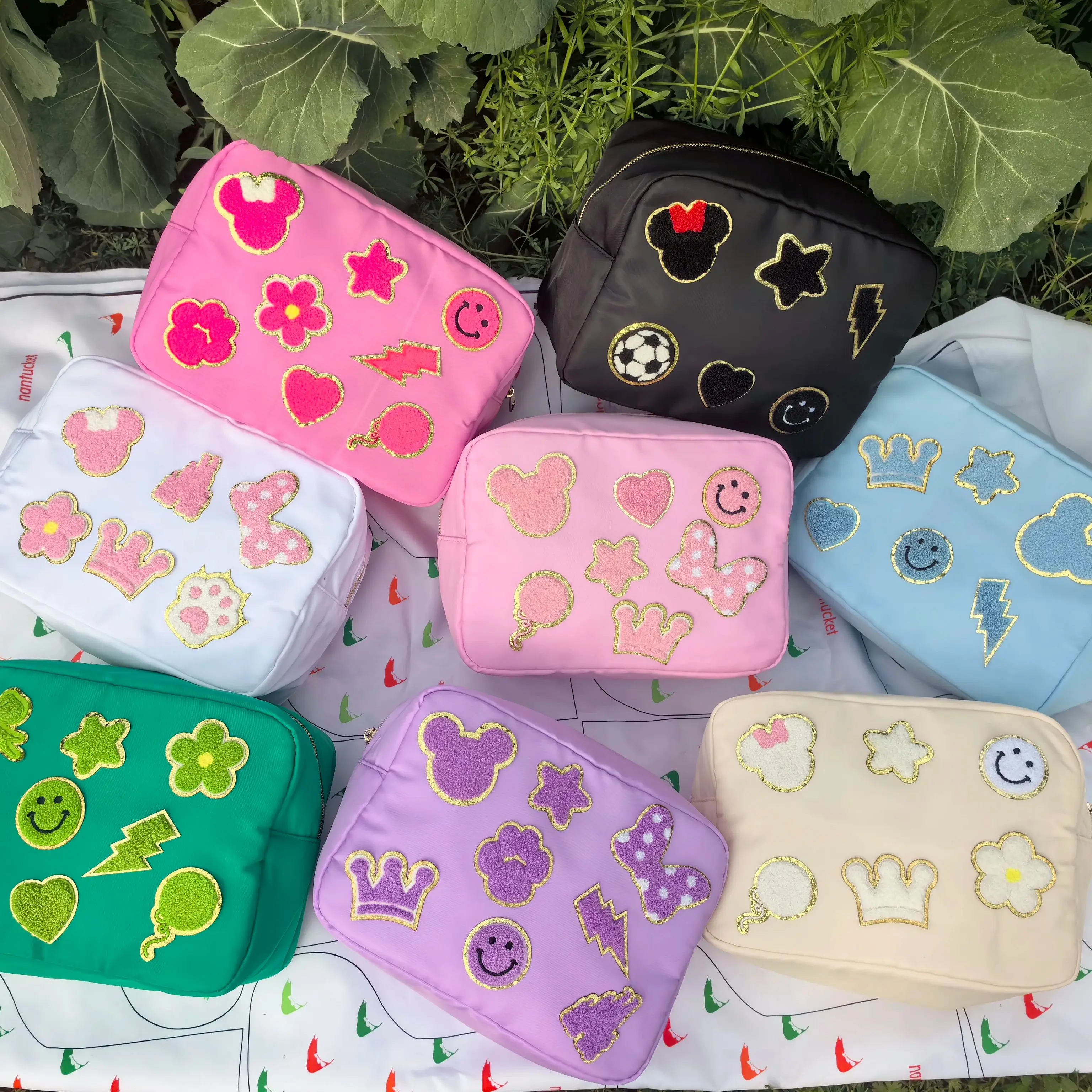 

Smile face flowers Stars Patch Make up Bags With Broidered Patchs Zipper Travel Cosmetic Bag Toiletry Waterproof Nylon Pouch