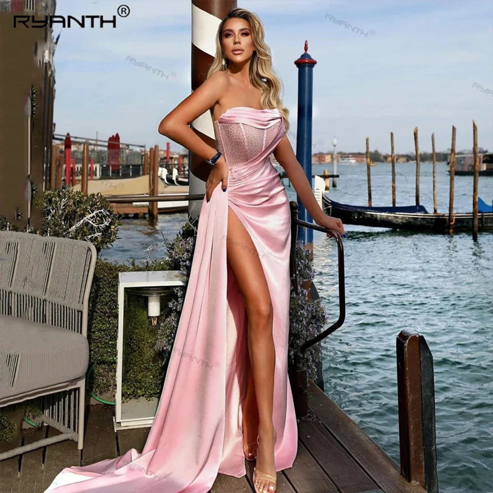 

Вечерние платья Ryanth для выпускного вечера, атласное вечернее платье с юбкой-годе без бретелек, розовое коктейльное платье в пол с бисером, стандартный размер