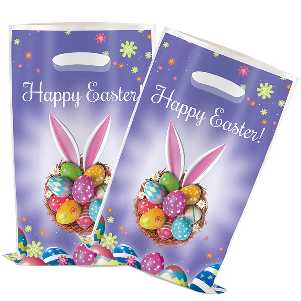 

60 Pcs 2024 Happy Easter Rabbit Gift Bags with handles Bunny Plastic Tote Bags Reusable Snack Treat Goody Candy Bag