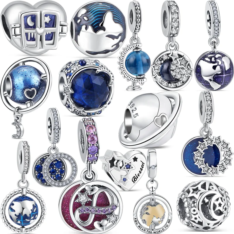 

Real 925 Silver Blue Planet Earth Stars Moon Infinite Charm Beads Fit Pandora Bracelet Bangles DIY Women Original Jewelry Joyas