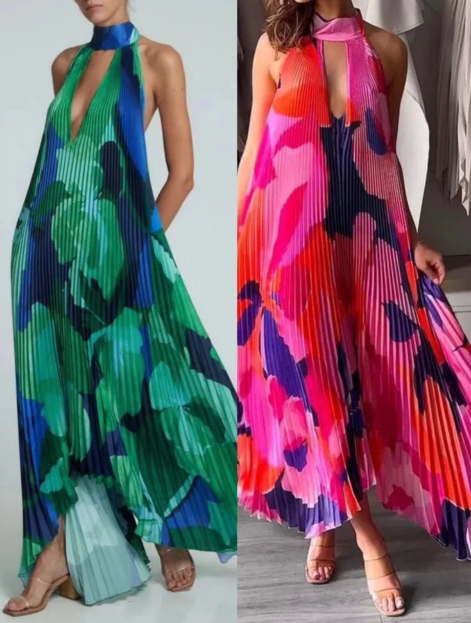 

Новинка лета 2023, богемное плиссированное платье с глубоким V-образным вырезом и принтом, чувственное Сексуальное Женское Платье с открытой спиной, женская одежда, макси-топ для пляжа