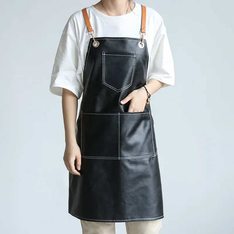 

Solid PU Leather Waterproof For Women Men Apron Kitchen Accessories Cafe House Cleaning Bib Cooking Baking Pocket Chef