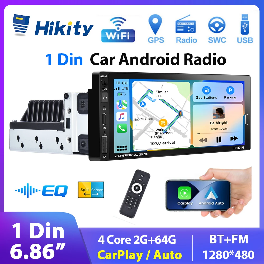 

Hikity 6,86 "Android автомобильное стерео радио 1 Din беспроводное CarPlay/Android авто Bluetooth WIFI GPS FM-радио приемник автомобильный MP5-плеер