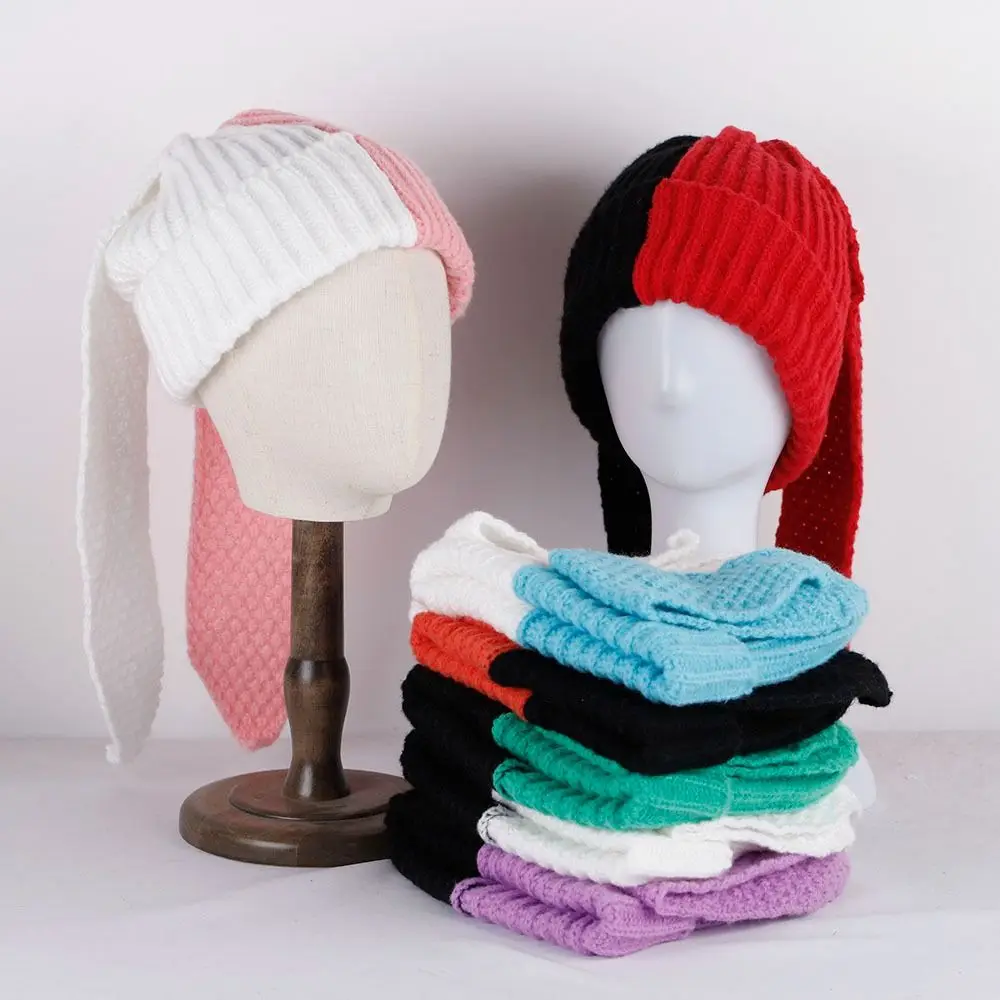 

Rabbit Ears Knitted Wool Hat Splicing Colors Niche Design Warm Tide Hat Cute Bunny Hat Beanie Long Ear Hat