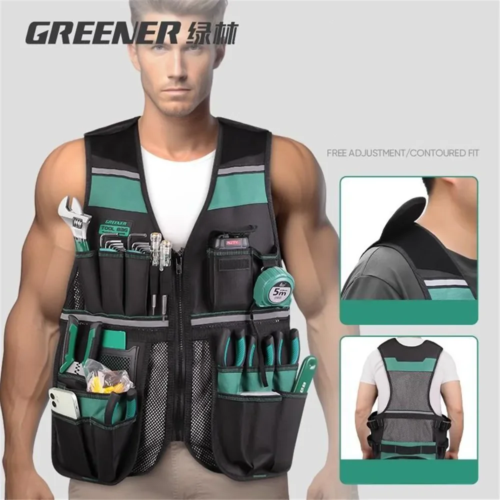 

2024 Greener Tool Vest Breathable Tool Pouch for Electrician Carpenters Adjustable Multi-pocket Reflective Strips Tool Organizer