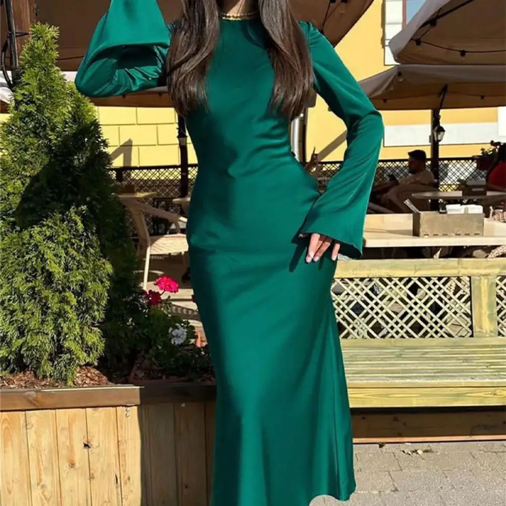 

Women Hip-hugging Silhouette Dress Spring Fall Long Sleeve Ankle Length Maxi Dress Solid Color Round Neck Tight Waist Dress