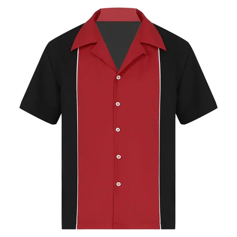 

2024 summer new men's bowling shirt Retro short sleeve button casual multi-colored striped notch collar shirt 5XL