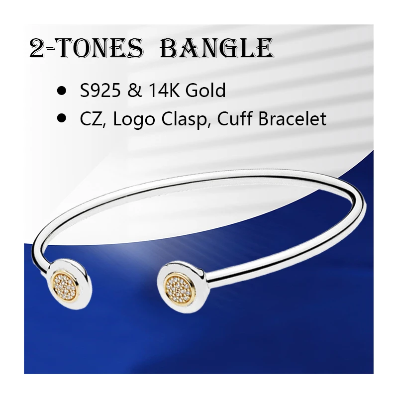 

2 Tones Rigid Charm Cuff Bracelets Bangles For Women Fine Jewelry 925 Sterling Silver 14K Gold 585 Signature Clasp Zircon Stones
