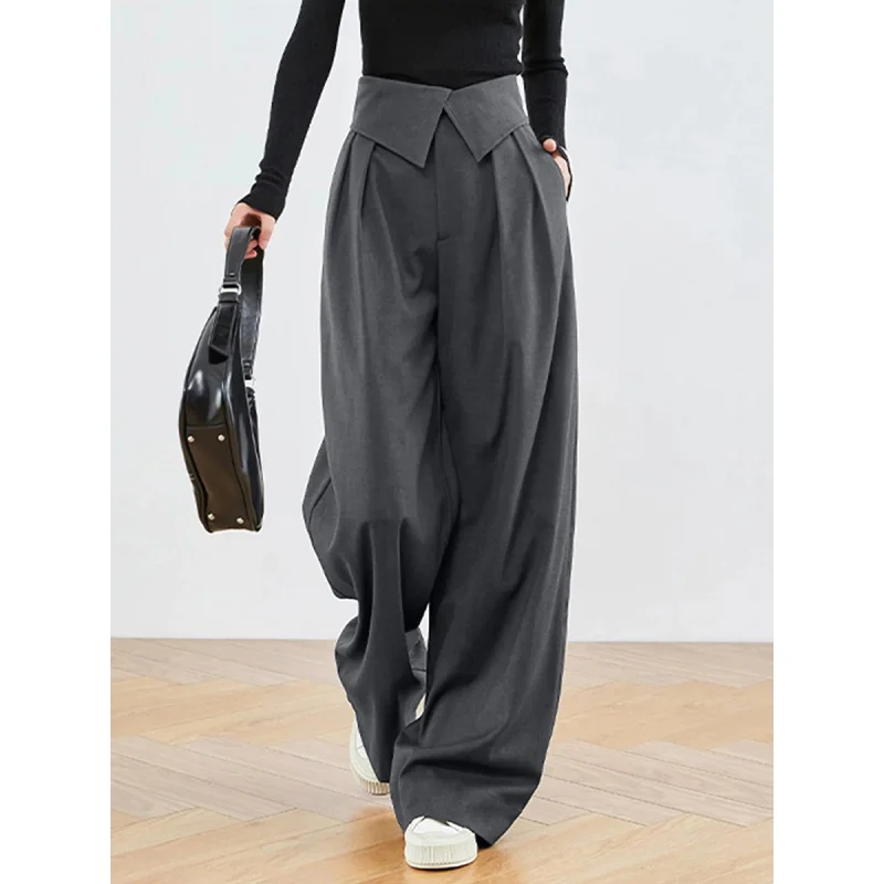 

Весенние французские ретро классические свободные современные серые деловые широкие брюки с высокой талией Женская одежда повседневные брюки syy18