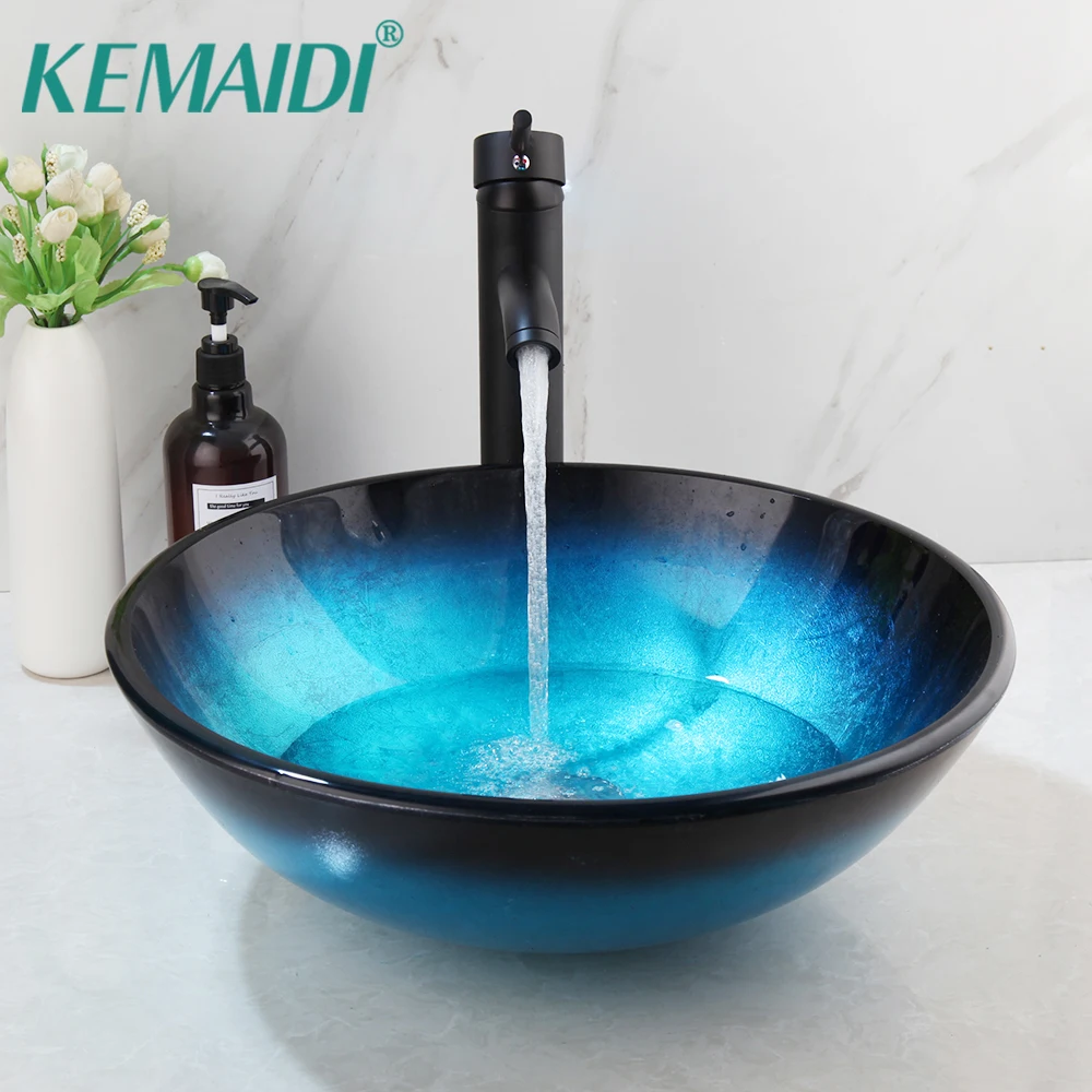 

Набор смесителей KEMAIDI Blu для раковины из закаленного стекла, однотонная раковина для ванной комнаты с матовым черным смесителем и водяным сливом