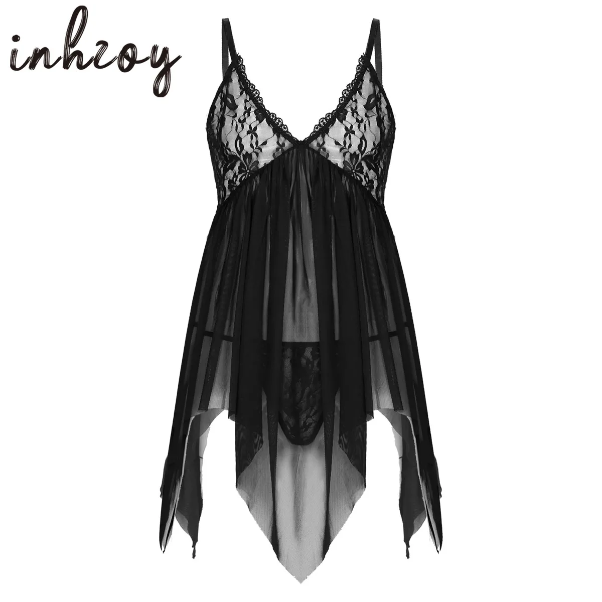 Mens Sissy Dress Gay Male Sexy Lingerie Set Sheer Mesh See-through Mini with Thong Fancy Nightwear Underwear | Мужская одежда