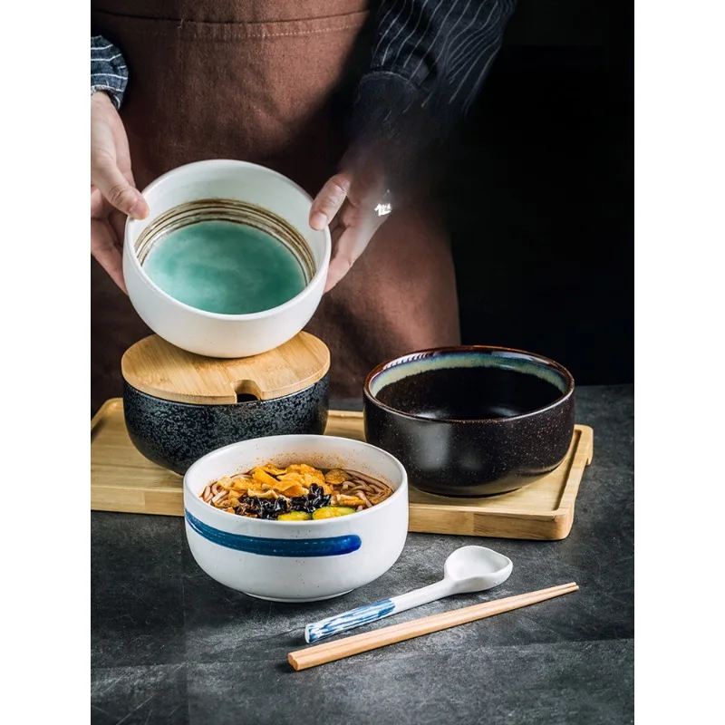 

Japanese-Style Ceramic Soup Bowl with Lid Instant Noodles Large Ramen Instant Noodle Bowl Large Rice Bowl Tableware