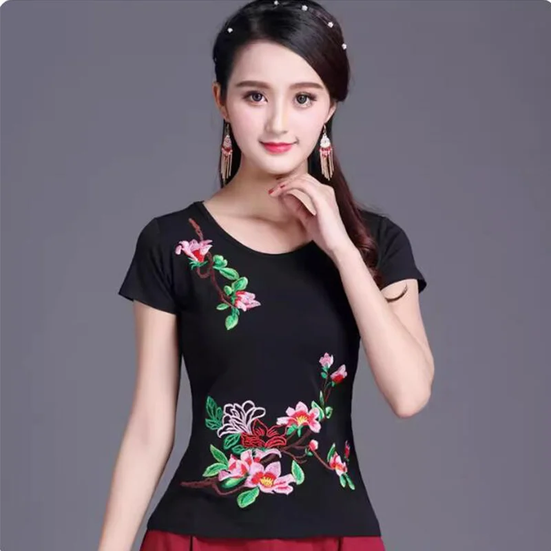 

Ethnic Style Women Clothing Pullover Embroidered Blouse Short Sleeve Chinese Vintage Literature Tee Shirt Printed T-Shirt Tops