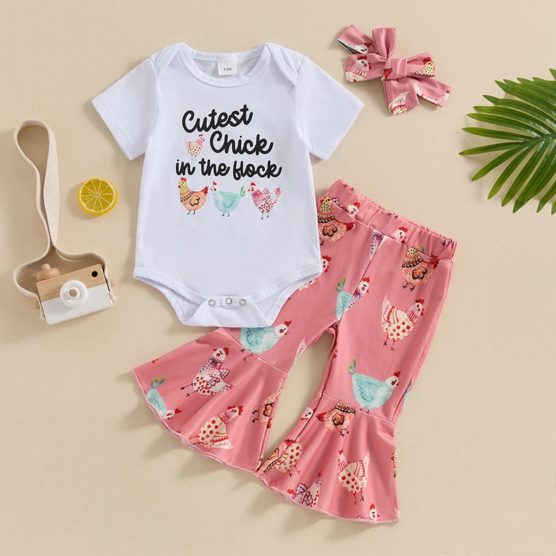 

2024-03-09 Lioraitiin 0-18M Baby Girls Summer 3PCS Sets White Short Sleeve Romper Tops Chicken Print Flared Pants Headband Sets