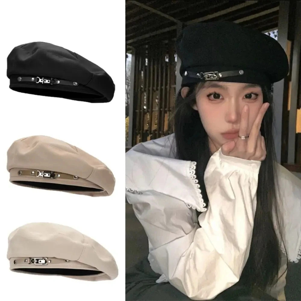 

Metal Buckle Beret Cap Elegant Beanie Winter Warm Flat Cap Hat Solid Color Autumn Beret Hat Women Girls