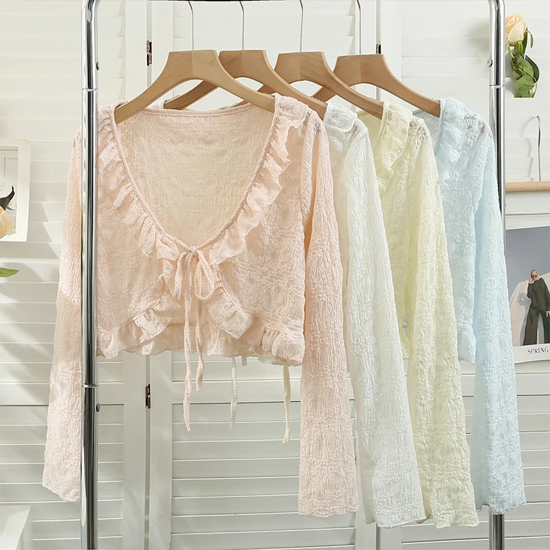 Elegant V-Neck Ruffles Short Cardigans Spring Summer Long Sleeve Solid Lace-Up Thin Shawl Girls Cropped Sunscreen Tops
Elegant V-Neck Ruffles Short Cardigans Spring Summer Long Sleeve Solid Lace-Up Thin Shawl Girls Cropped Sunscreen Tops