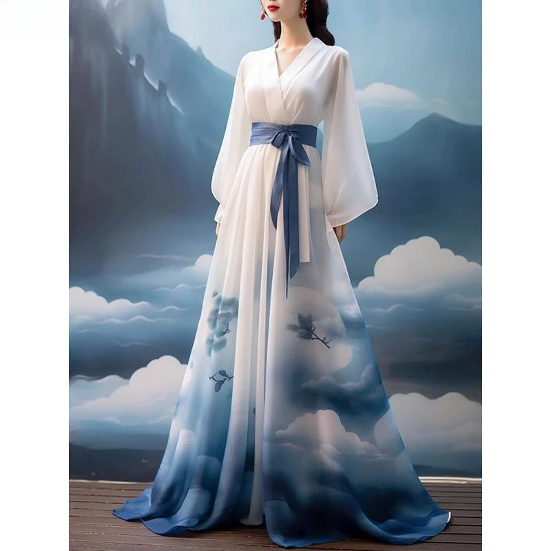 

Новинка 2024, женское Восточное сказочное платье для косплея Hanfu в китайском стиле, традиционные Элегантные платья принцессы с облаками, халат для танцев на сцене