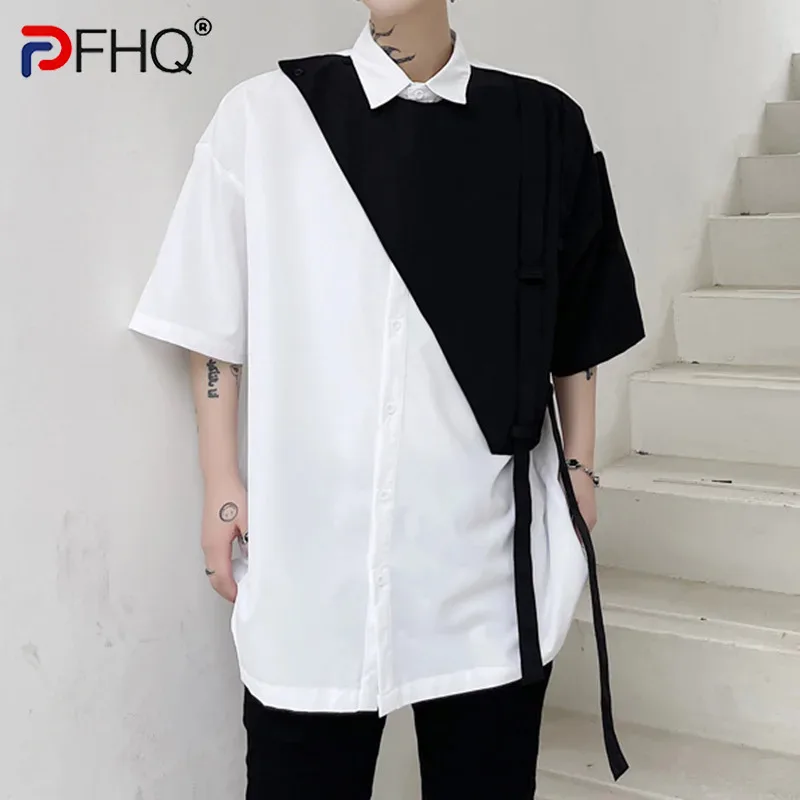 

PFHQ Men's Color Contrast Design Ins Shirts Tide Handsome Splicing Fake Two Pieces Loose Ribbon Personality Tops Summer 21Z3807