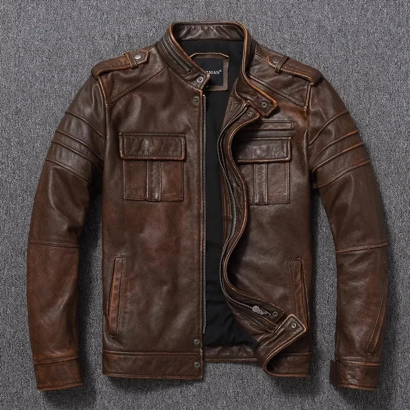 

Доставка. Крутая мужская кожаная куртка для мотоциклистов 100%, мужское винтажное пальто. Приталенная одежда из настоящей воловьей кожи для охоты