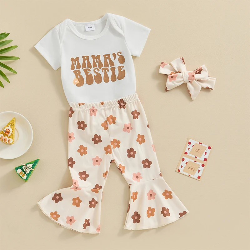 

Newborn Baby Girl Clothes Short Sleeve Mama s Bestie Romper Top Floral Print Flare Pants Headband Bell Bottoms Set Infant