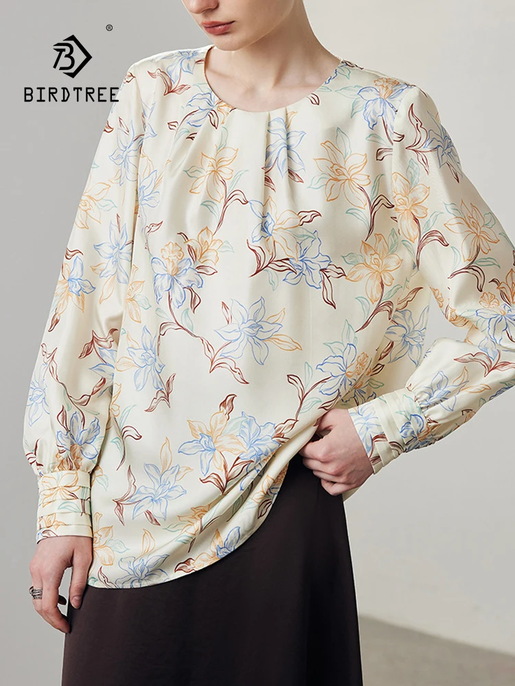 

BirdTree, 6A 100%Real Silk Elegant Shirt, Women Long Sleeve O Neck Printed, Commute Vacation Loose Tops, 2024 Summer T45437QC