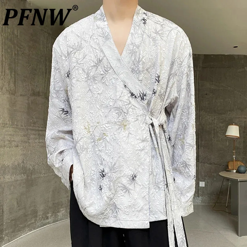 

PFNW Lace-up Men's Shirt Vintage Pleated Jacquard Contrast Color Baggy Male Shirts New Chinese Style 2024 Spring Stylish 9C4577