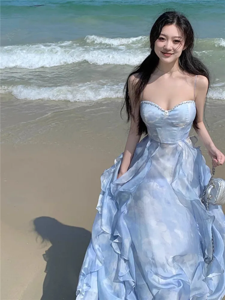 

Fashion 2024 Summer Blue Fairy Long Holiday Dress Ruffles Sexy Strap Slip Dress Sleeveless Vacation Beach Seaside Photo Skirt