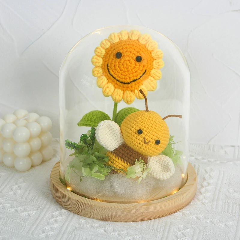 

Creative Simulation Fake Flower Sunflower Night Light Bee Wool Crochet Hand-Woven Bouquet Finished Holiday Gift Friends