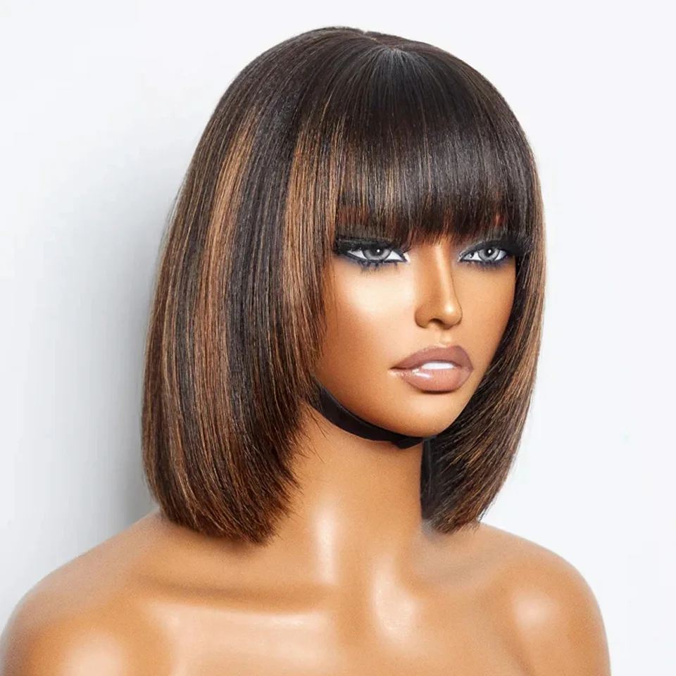 

Put On And Go Easy Part Human Hair Bob Lace Straight Wigs With Bangs Glueless Middle Part Bangs Wigs Brazilian Remy Hair Wigs